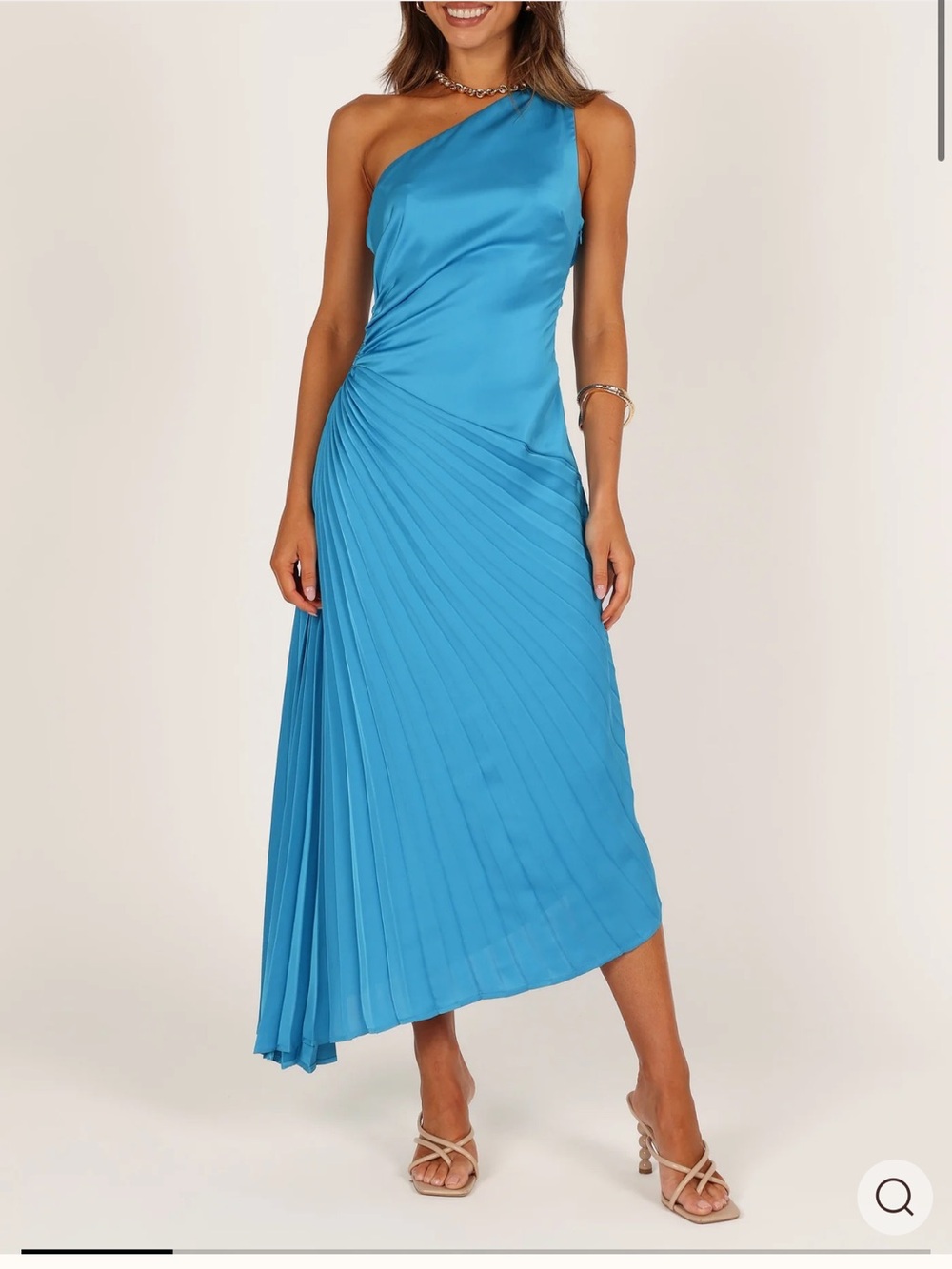 Petal & Pup One-Shoulder Pleated Midi Dress in Aqua Blue